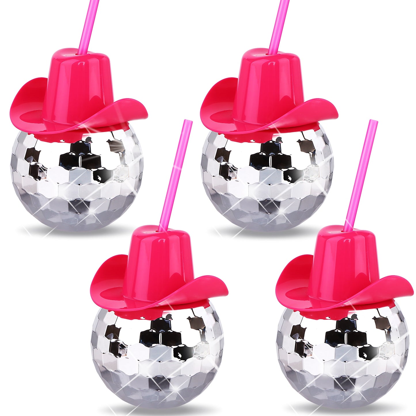 4 Pcs Disco Ball Cups with Pink Cowgirl Hats